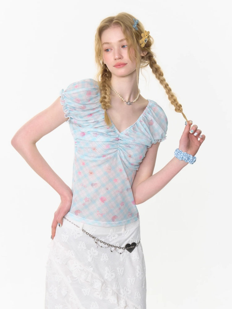 Big Gather V-Neck Plaid Puff Sleeve T-Shirt【s0000013005】