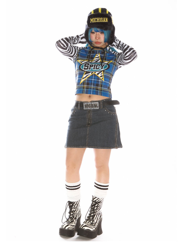 College Style Zebra & Check Print Long Sleeve Cropped T-Shirt【s0000011786】