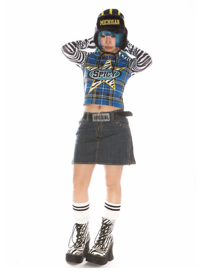 College Style Zebra & Check Print Long Sleeve Cropped T-Shirt【s0000011786】