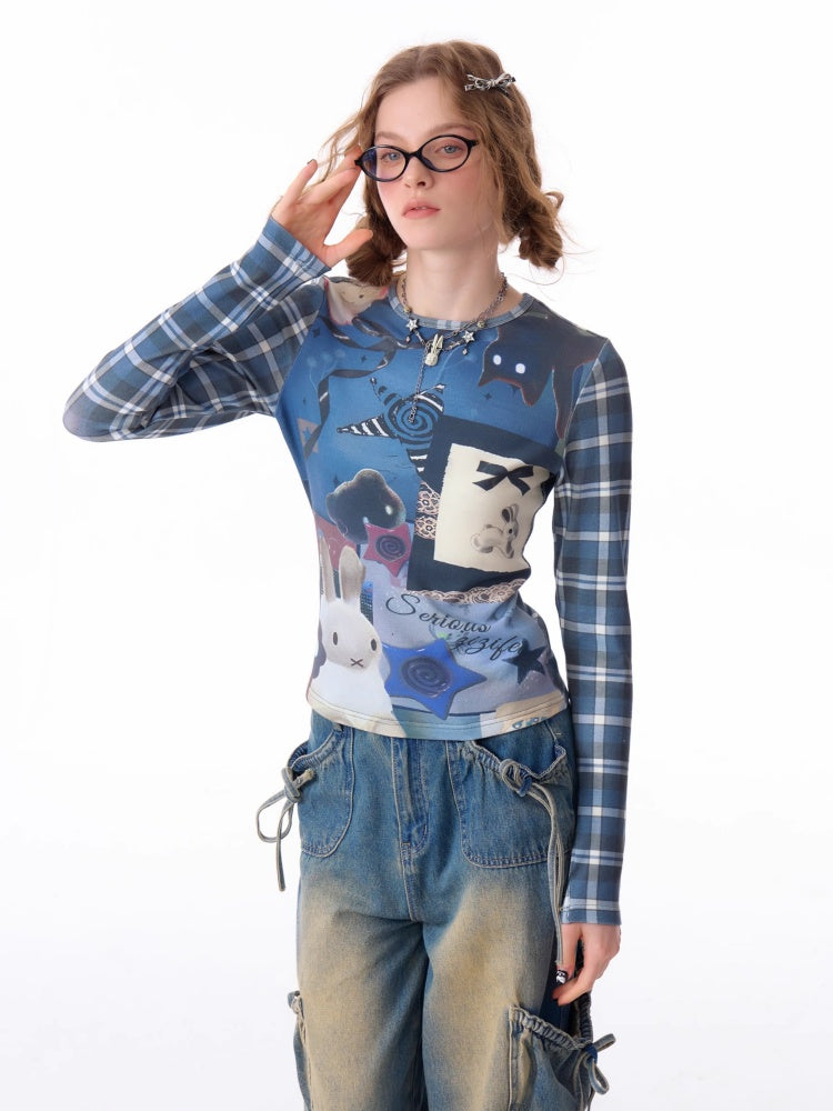 Animal Collage Print Glen Check Switch Slim Long Sleeved T-Shirt【s0000011752】
