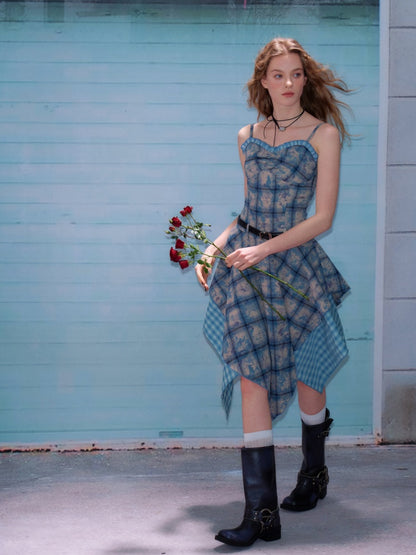 Asymmetric Hem Gingham Check Pattern Flare Camisole Dress【s0000011749】