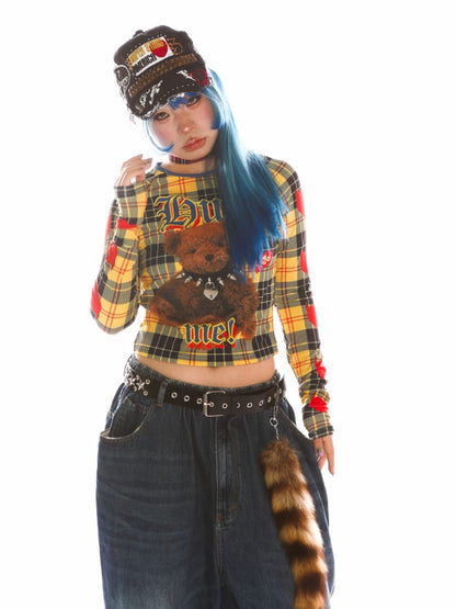 Teddy Bear Graphic Check Long Sleeve Cropped T-Shirt【s0000011777】