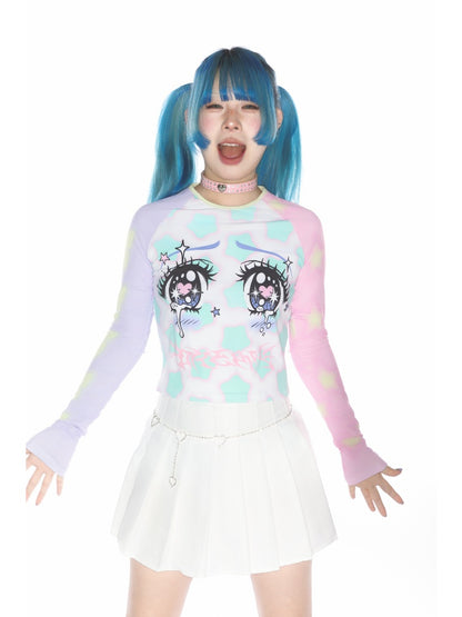 Comic Eye Two-Dimensional Subculture Star Color-Blocked Long Sleeve T-Shirt【s0000011789】