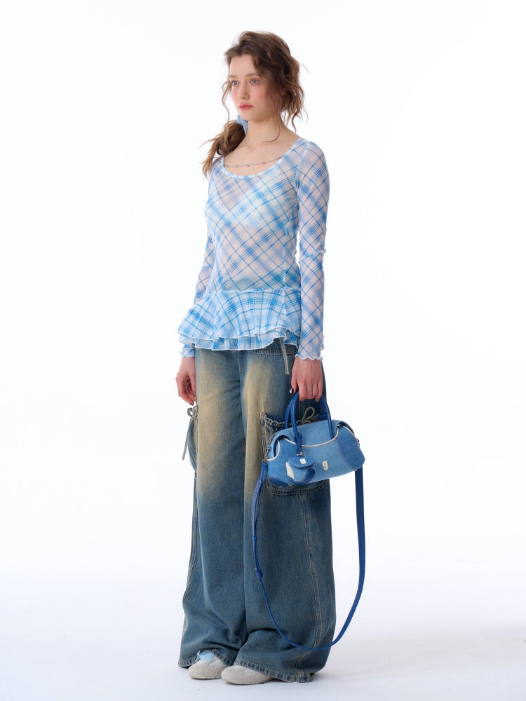 Semi Sheer Blue Plaid Hem Ruffles Long Sleeve T-Shirt【s0000011922】