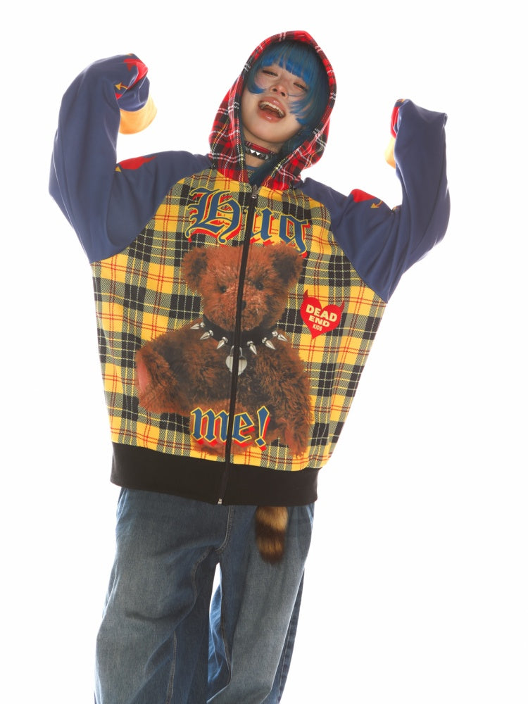 Punk Bear Panel Checked Pattern Raglan Sleeve Zip-Up Hoodie【s0000011791】