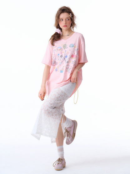 Cartoon Print Pattern V-Neck Short Sleeve T-Shirt【s0000011914】