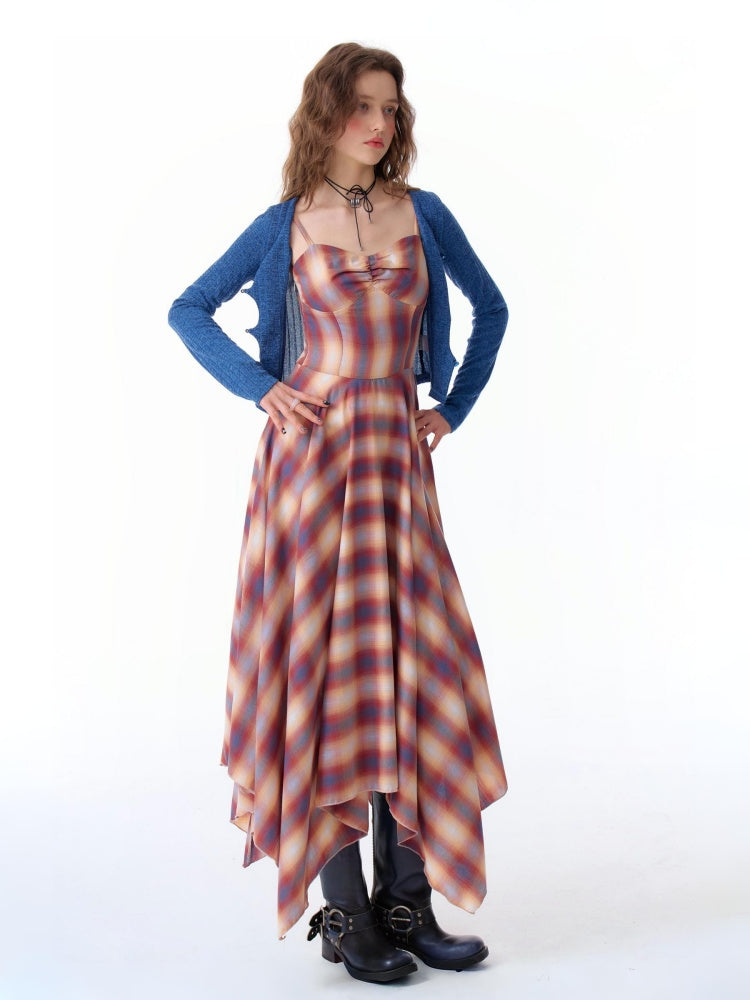 Cinched Waist Red Check Irregular Suspender Dress【s0000011911】