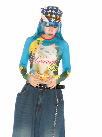 Cat Pattern Graphic Long sleeved Cropped T-Shirt【s0000011788】