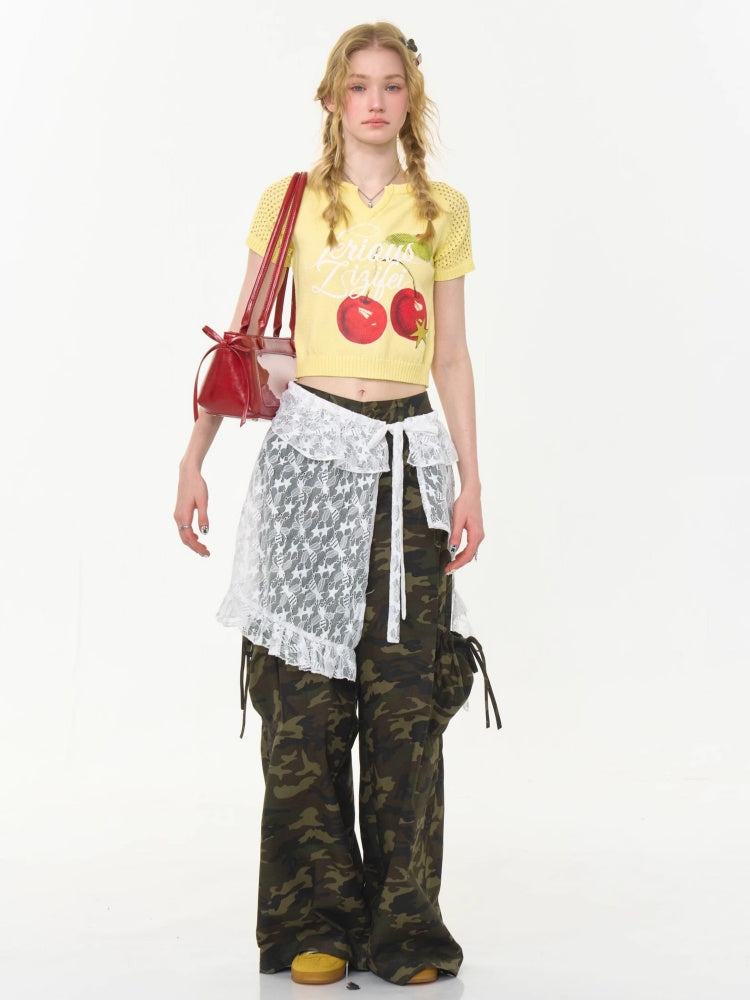 Cut Out Crop Cherry Print V-Neck Short Sleeve T-Shirt【s0000013007】