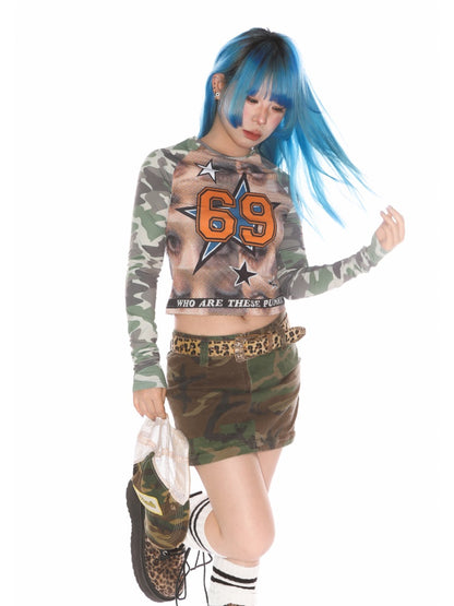 Camo Numbering Raglan Long Sleeve T-Shirt【s0000011787】