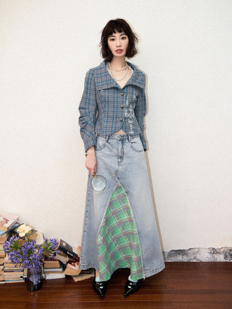 Candlesticks Embroidered Stacked Collar Plaid Short Jacket【s0000011909】