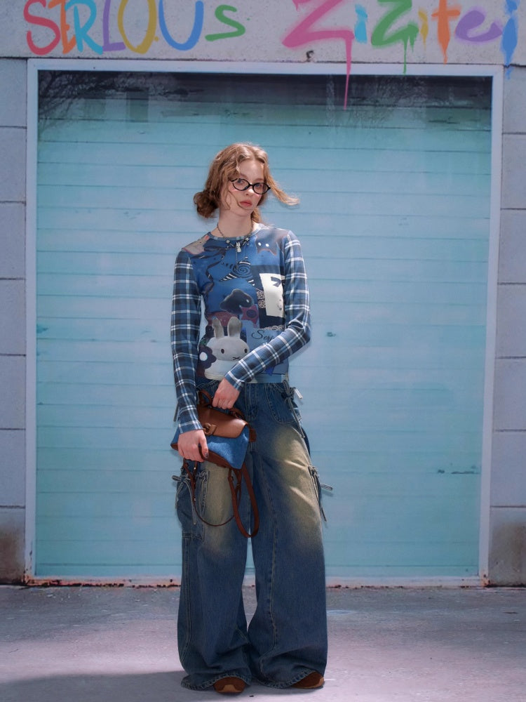 Animal Collage Print Glen Check Switch Slim Long Sleeved T-Shirt【s0000011752】