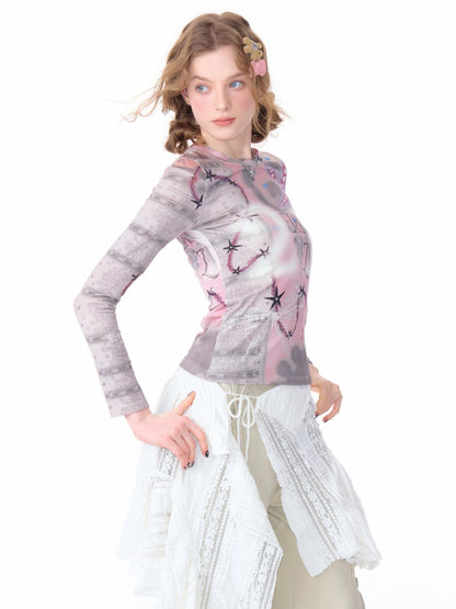 Star Digital Print Long Sleeve Numbering T-Shirt【s0000011760】