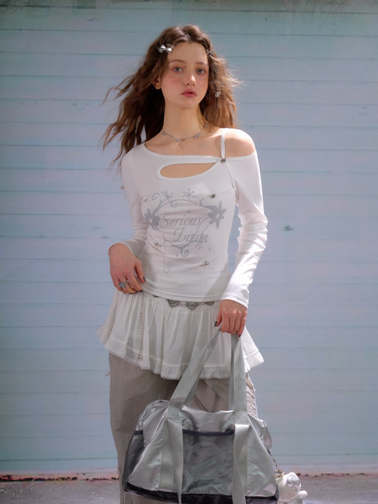 Cut Out Off Shoulder Irregular Neckline Long Sleeved T-Shirt【s0000011754】