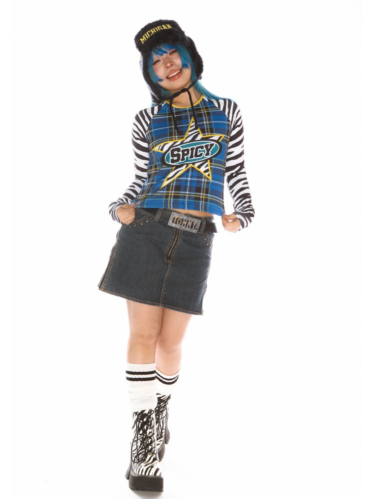 College Style Zebra & Check Print Long Sleeve Cropped T-Shirt【s0000011786】
