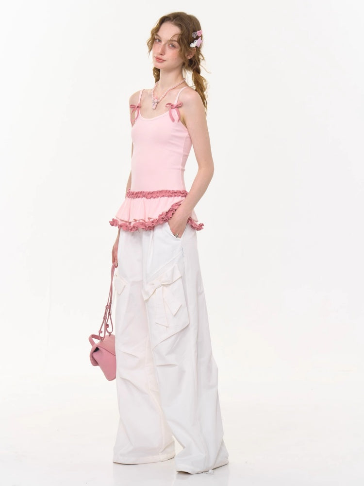 Ruffle Lace Pleated Hem Bow Camisole【s0000013008】