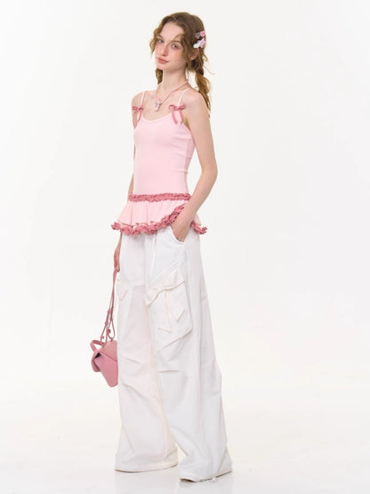 Ruffle Lace Pleated Hem Bow Camisole【s0000013008】