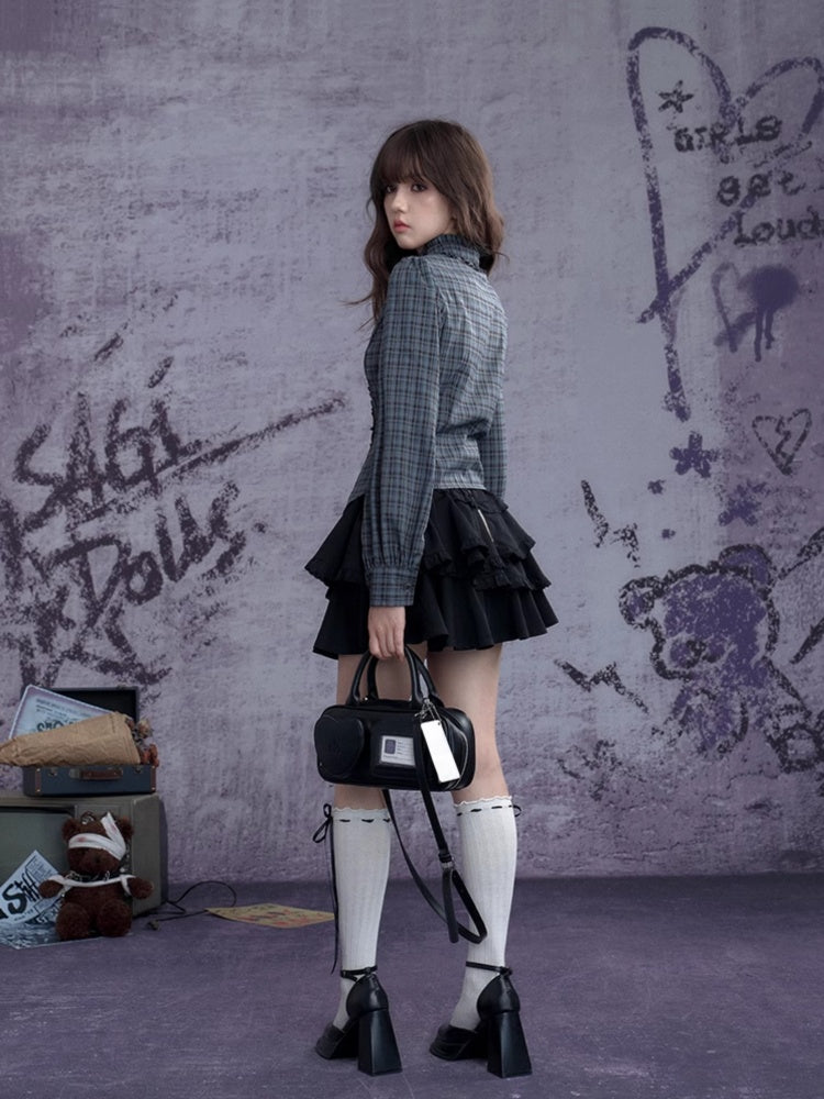 Stand collar Neck Belt Checkered Ruffle Long Sleeve Shirt【s0000011927】