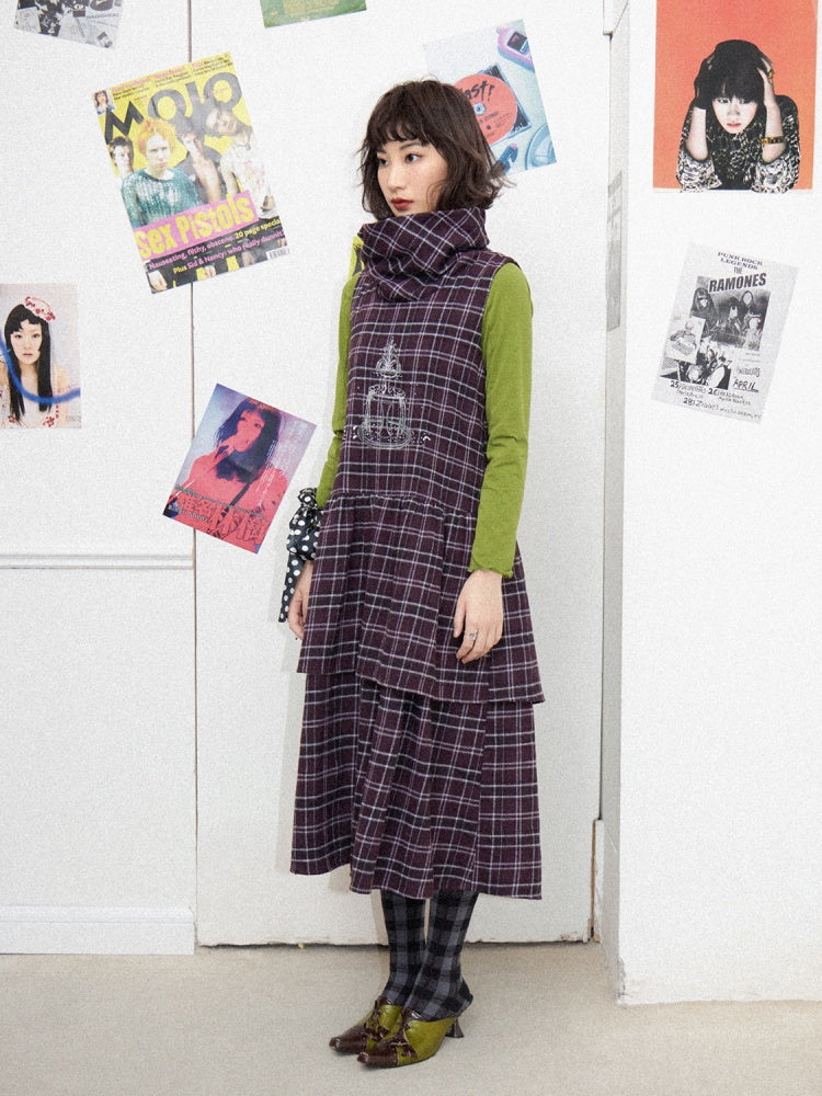 Plaid Embroidery Sleeveless Tiered Long Dress【s0000011898】