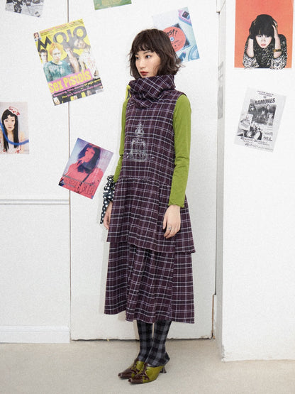 Plaid Embroidery Sleeveless Tiered Long Dress【s0000011898】