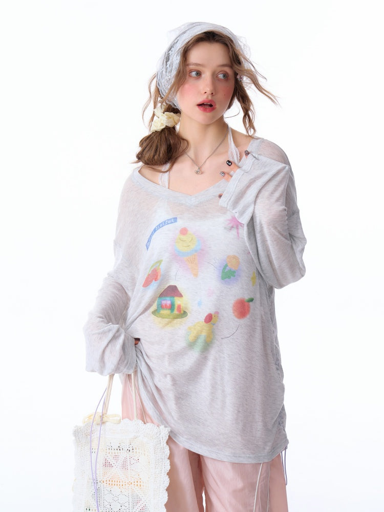 Drawstring Print Semi Sheer Loose V-Neck Long Sleeved T-Shirt【s0000011751】