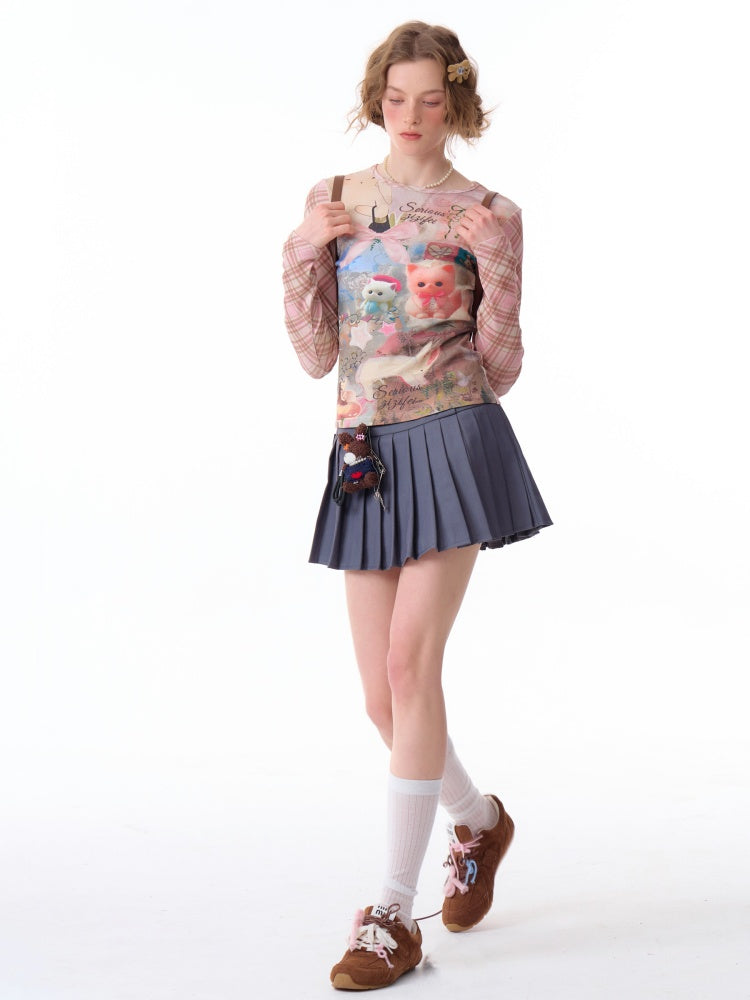 Pink Check Rabbit Print Slim Long Sleeved T-Shirt【s0000011921】