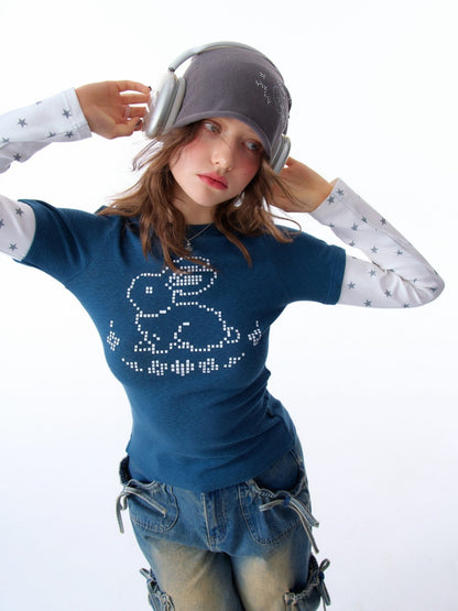 Rabbit & Star Print Fake Layering Long Sleeve T-Shirt【s0000011750】