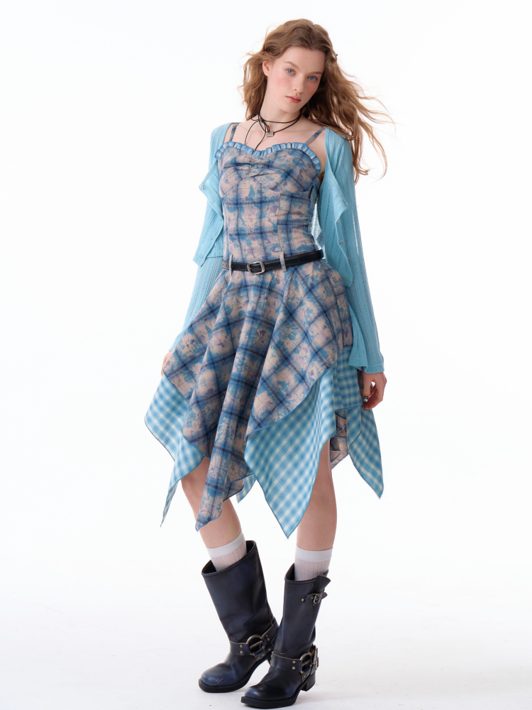 Asymmetric Hem Gingham Check Pattern Flare Camisole Dress【s0000011749】