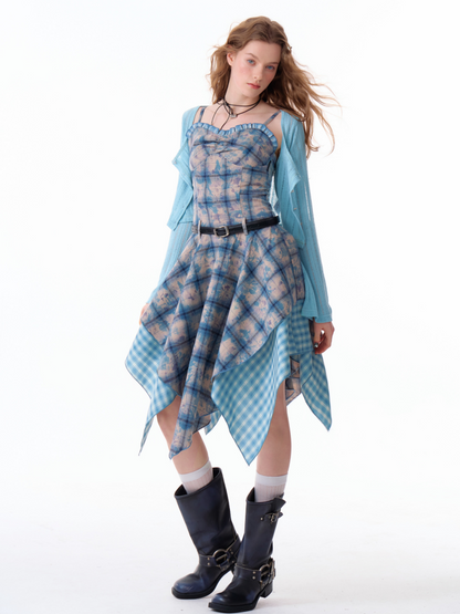 Asymmetric Hem Gingham Check Pattern Flare Camisole Dress【s0000011749】