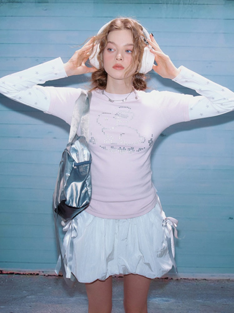 Rabbit & Star Print Fake Layering Long Sleeve T-Shirt【s0000011750】