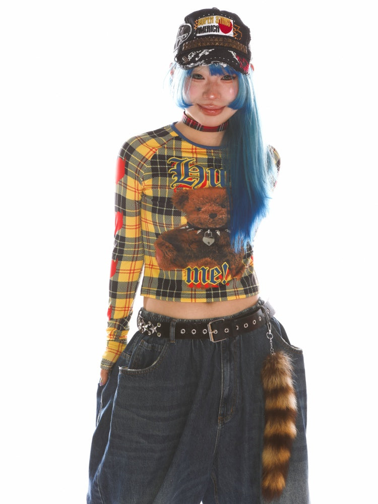 Teddy Bear Graphic Check Long Sleeve Cropped T-Shirt【s0000011777】