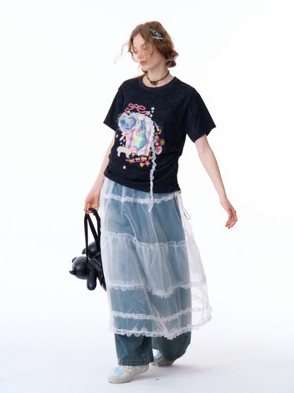 Rabbit Print Three Dimensional Lace Loose Crew Neck Short Sleeve T-Shirt【s0000011755】