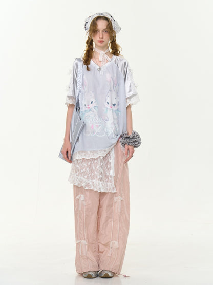 Lace Hem Rabbit Print V-Neck Loose Short Sleeve T-Shirt【s0000013010】