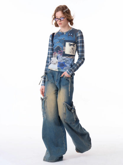 Animal Collage Print Glen Check Switch Slim Long Sleeved T-Shirt【s0000011752】