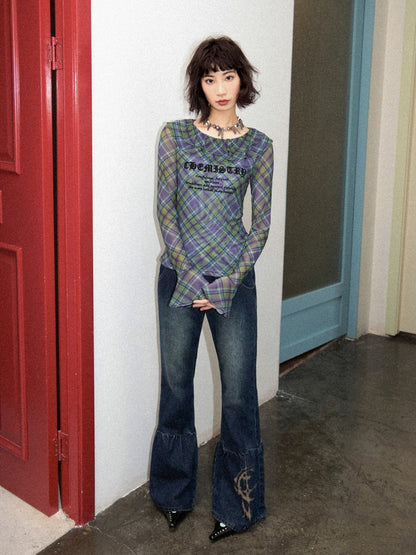 Chemistry Message Print Ruffle Check Long Sleeve T-Shirt【s0000011899】