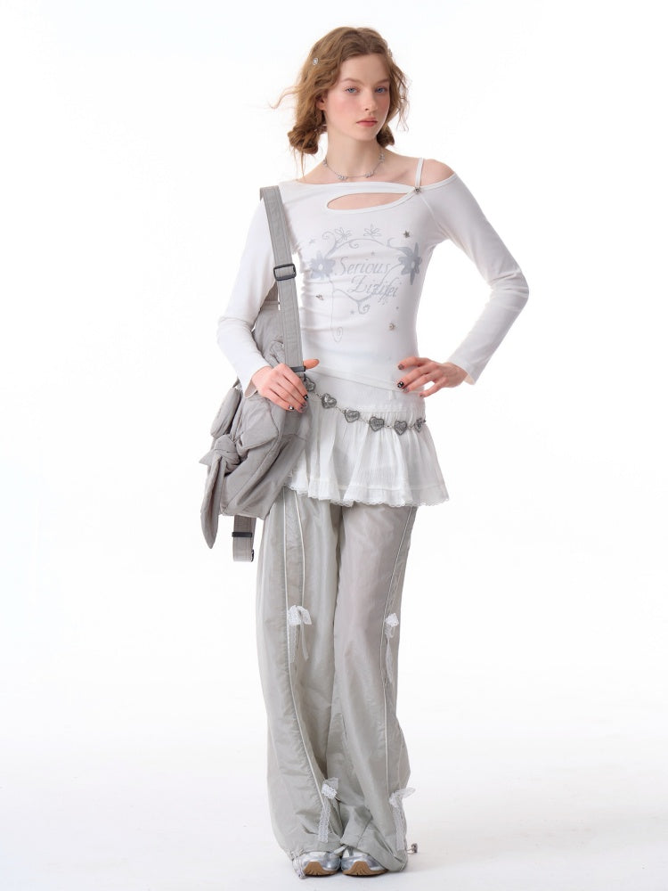 Cut Out Off Shoulder Irregular Neckline Long Sleeved T-Shirt【s0000011754】