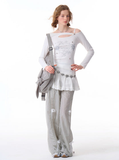 Cut Out Off Shoulder Irregular Neckline Long Sleeved T-Shirt【s0000011754】