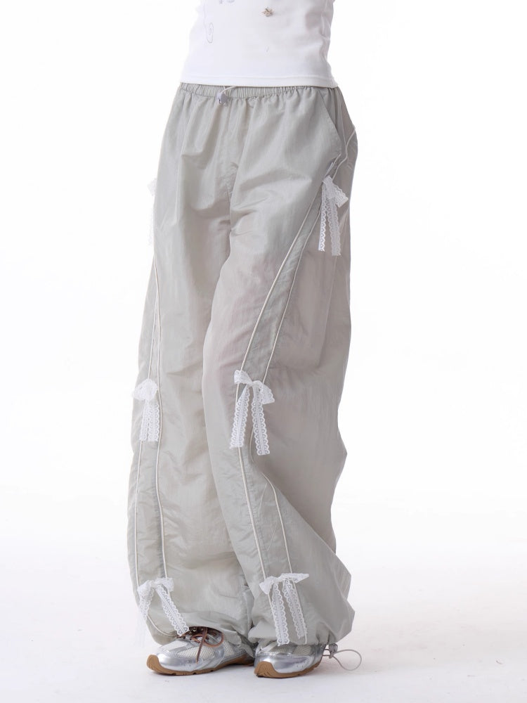 Lace Bow Wide Leg Straight Sports Casual Pants【s0000011918】