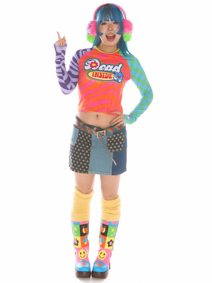 Y2K Dopamine Color Blocked Print Long sleeved T-Shirt【s0000011785】