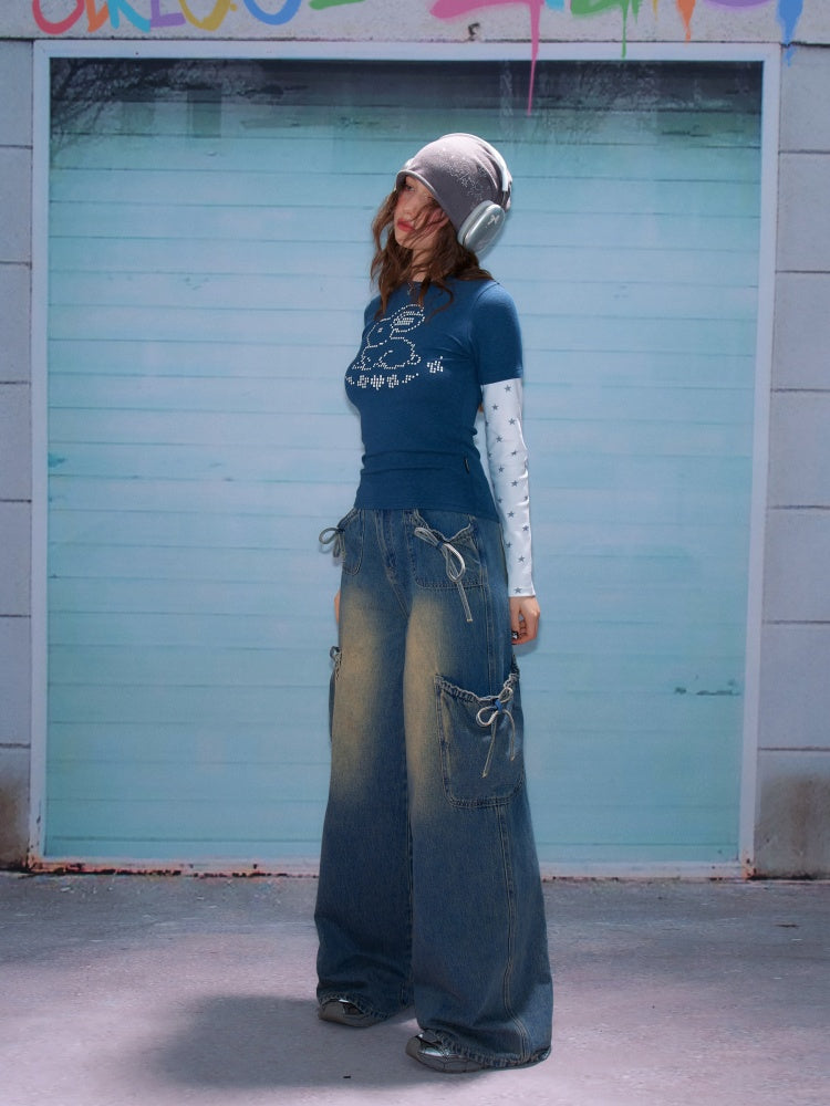 Rabbit & Star Print Fake Layering Long Sleeve T-Shirt【s0000011750】