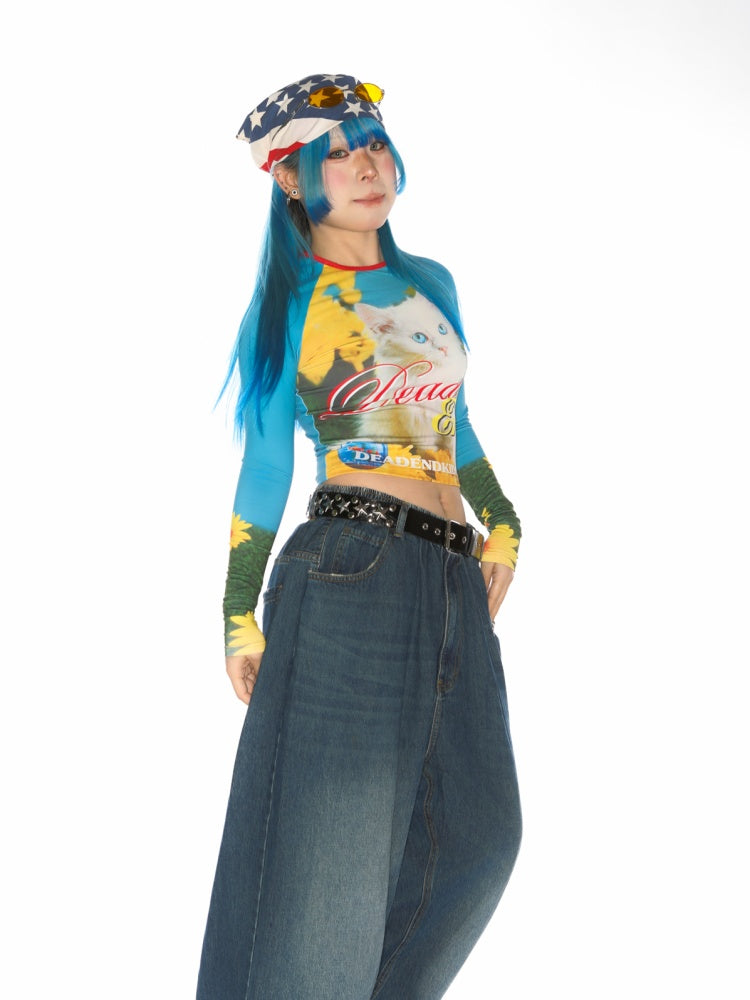 Cat Pattern Graphic Long sleeved Cropped T-Shirt【s0000011788】