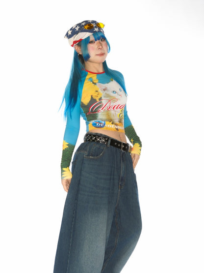 Cat Pattern Graphic Long sleeved Cropped T-Shirt【s0000011788】