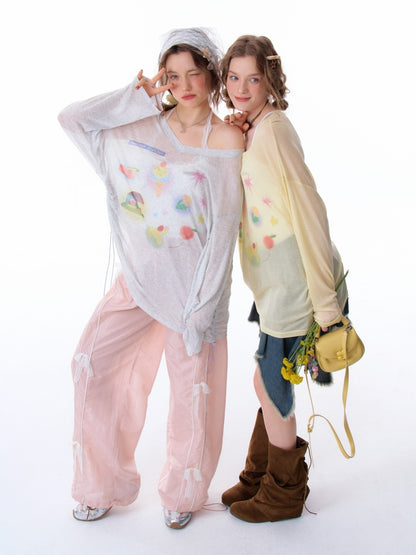 Drawstring Print Semi Sheer Loose V-Neck Long Sleeved T-Shirt【s0000011751】