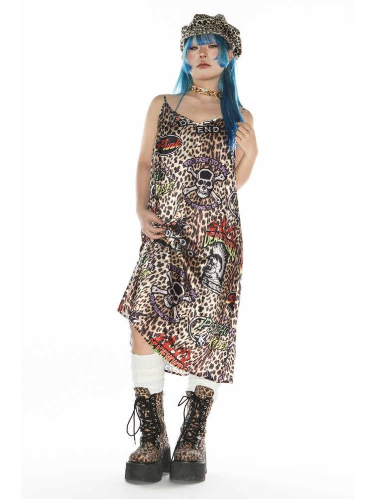 Punk Leopard & Skull Print Adjustable Length Camisole Dress 【s0000011782】