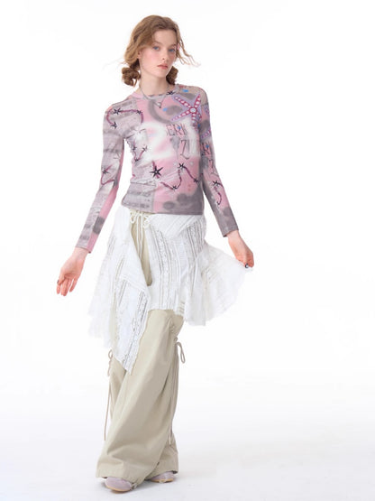 Star Digital Print Long Sleeve Numbering T-Shirt【s0000011760】