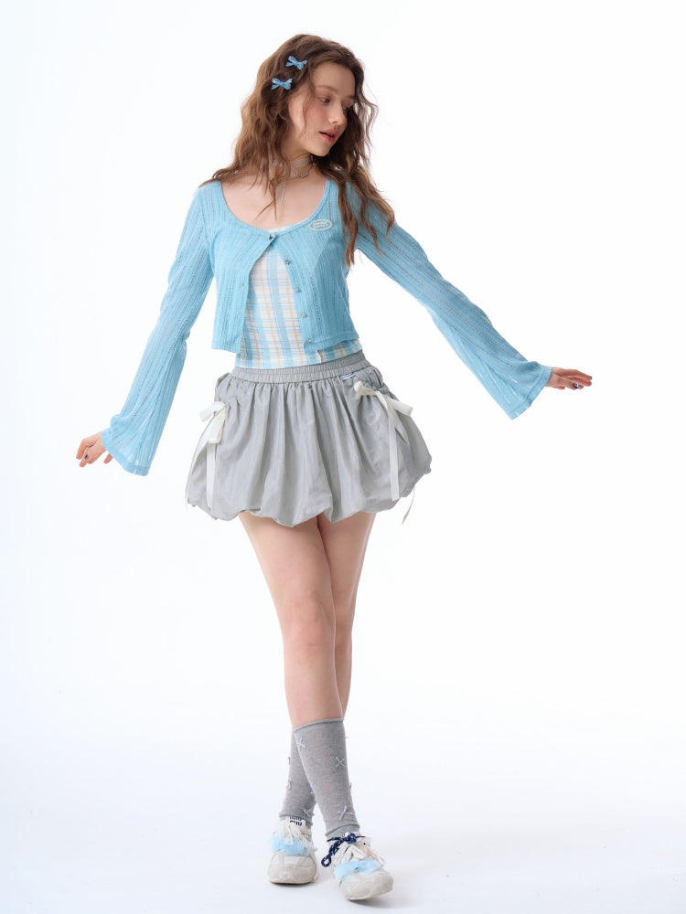 Rib Knitted Long Bell Sleeve Cropped Cardigan【s0000011758】