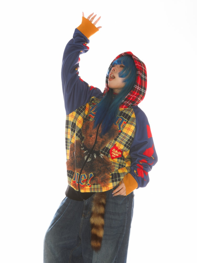 Punk Bear Panel Checked Pattern Raglan Sleeve Zip-Up Hoodie【s0000011791】