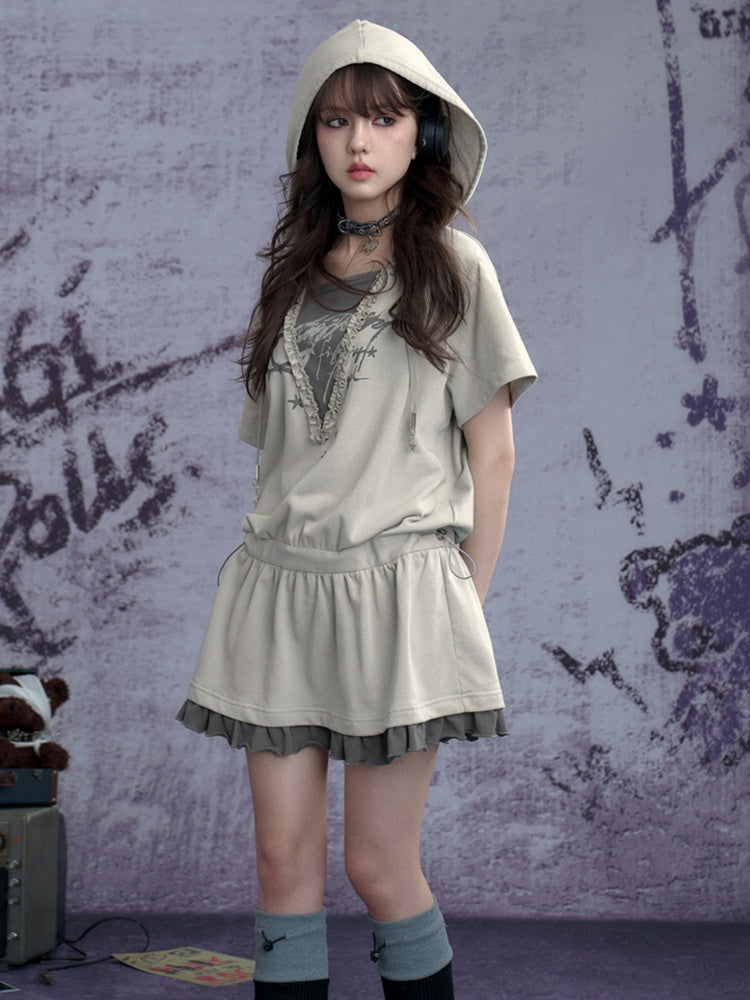 Graffiti Print Fake Layered Frill Drawstring Dress【s0000011930】
