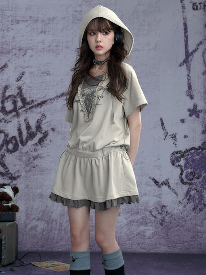 Graffiti Print Fake Layered Frill Drawstring Dress【s0000011930】