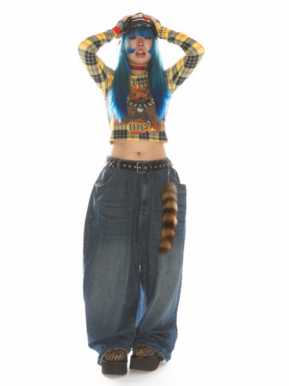 Teddy Bear Graphic Check Long Sleeve Cropped T-Shirt【s0000011777】